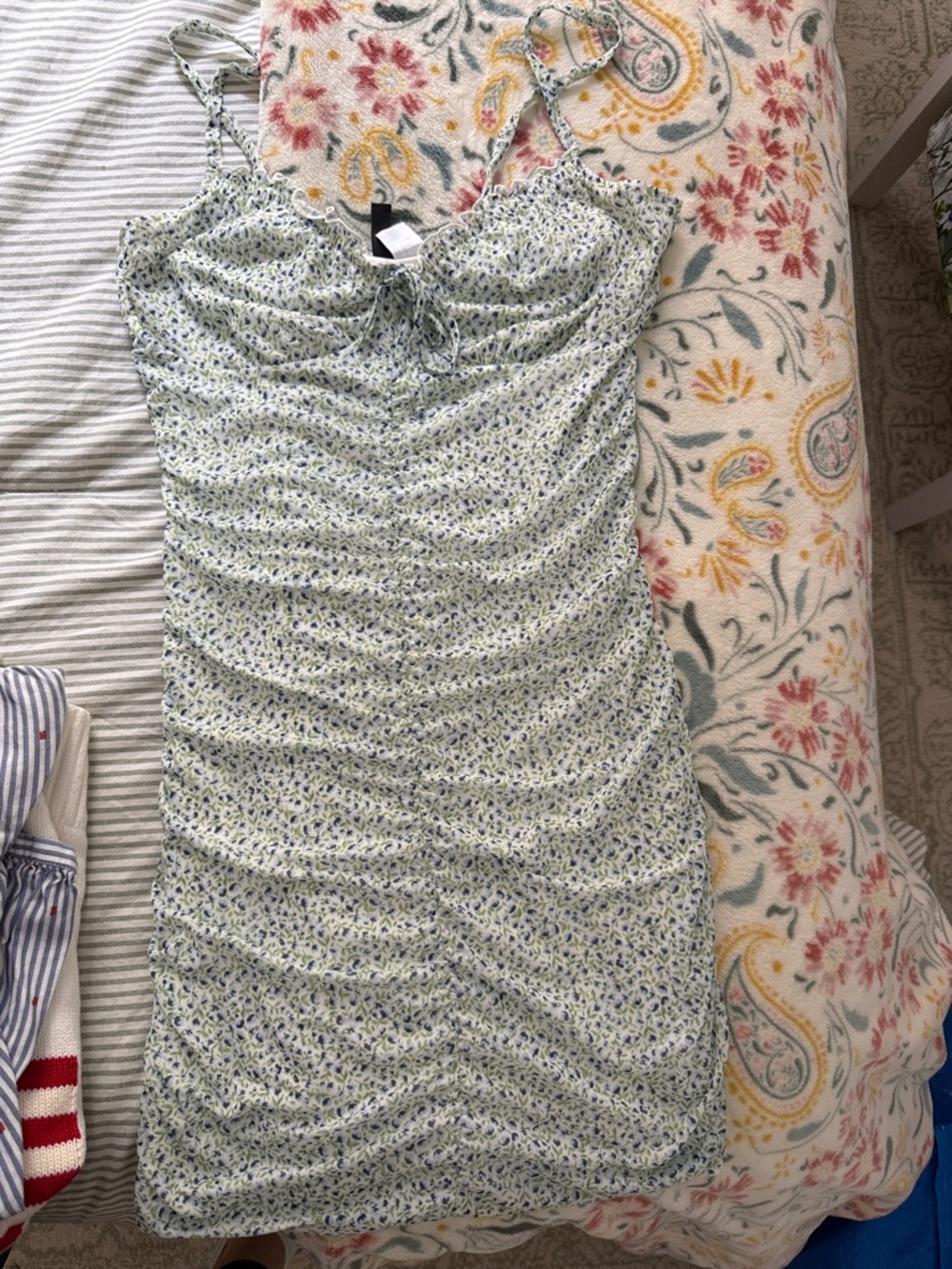 H&M Light Green Floral Ruched Slip Dress